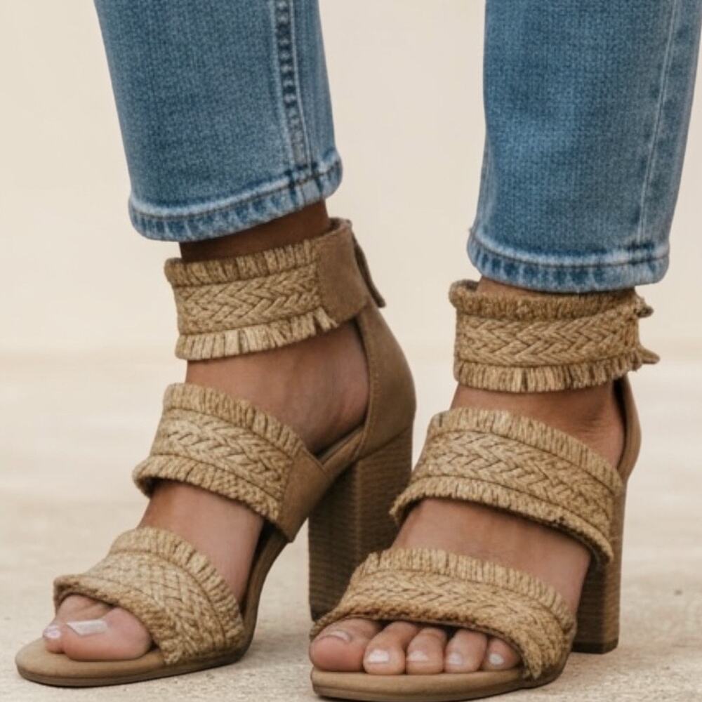 Sam & Libby Lacey Block Heel Sandals Raffia Straw Woven Rear Zip Closure Wmns 8